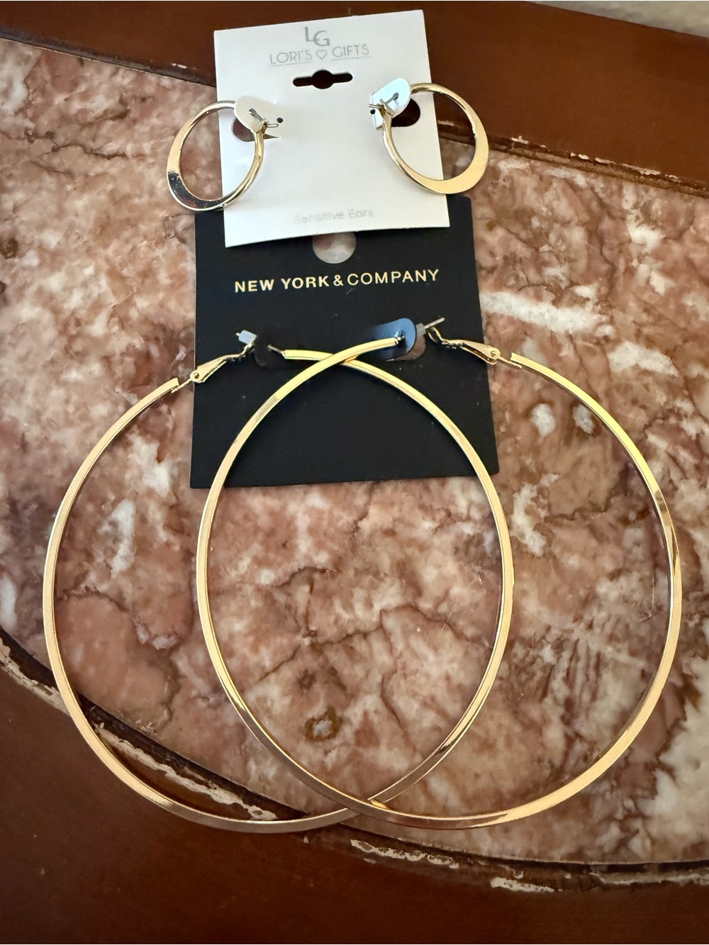 New York & Company Gold Oversized & LG thin  Hoop Earring Set-2 - Picture 6 of 9